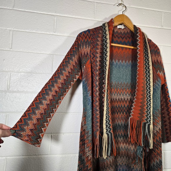 Woven Heart Chevron Aztec Oversize Fringe Duster Open Cardigan Maxi Boho Small - Picture 3 of 8